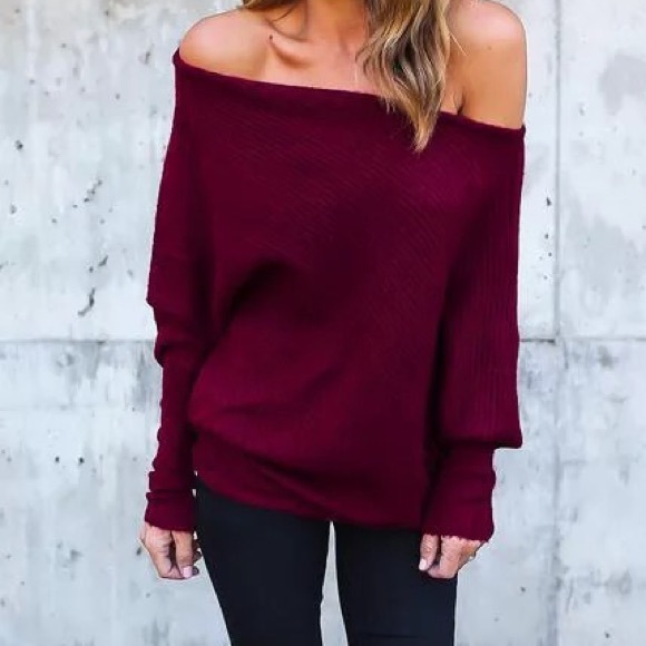Tops - Burgundy open shoulder bat-wing Top